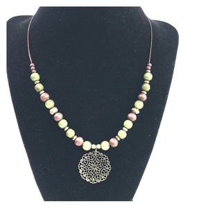 Filigree medallion Pendant wood beads beaded necklace Green Brown